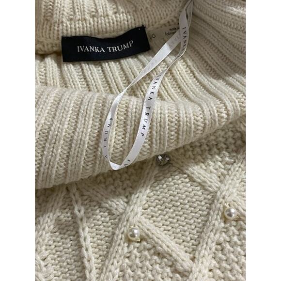 IVANKA TRUMP Cream Cowl Neck Soft Knit Sweater Large Pearl & Rhinestone Detail - Picture 5 of 6